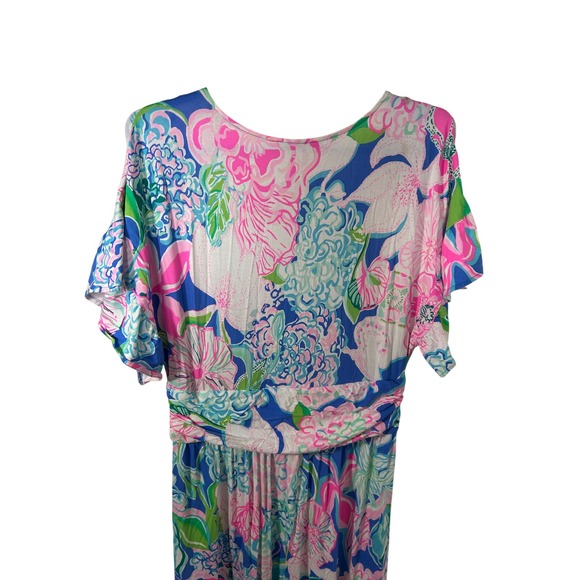 Lilly Pulitzer Maxi Dress Floral Print Blue Pink V Neck Sleeve Resort Size L - Picture 5 of 6